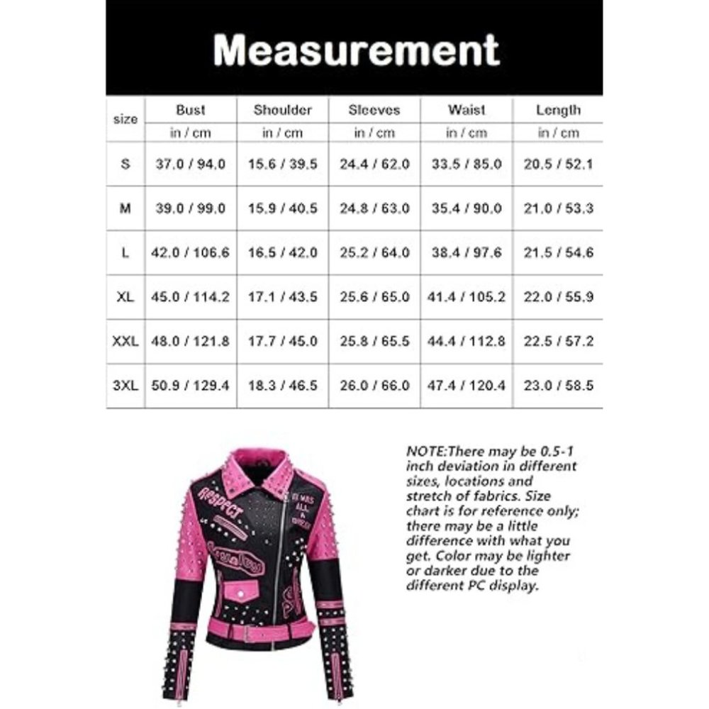 Women Faux Leather Jacket Studded Rivet Winter Streetwear Belted, Black-Pink - Picture 6 of 6